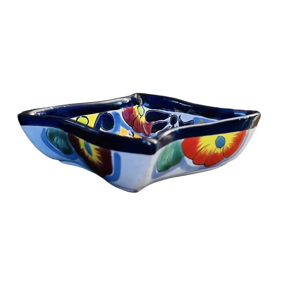 Talavera Enchanted Mexican Pottery Square Blue Floral Small Wavy 7” inch